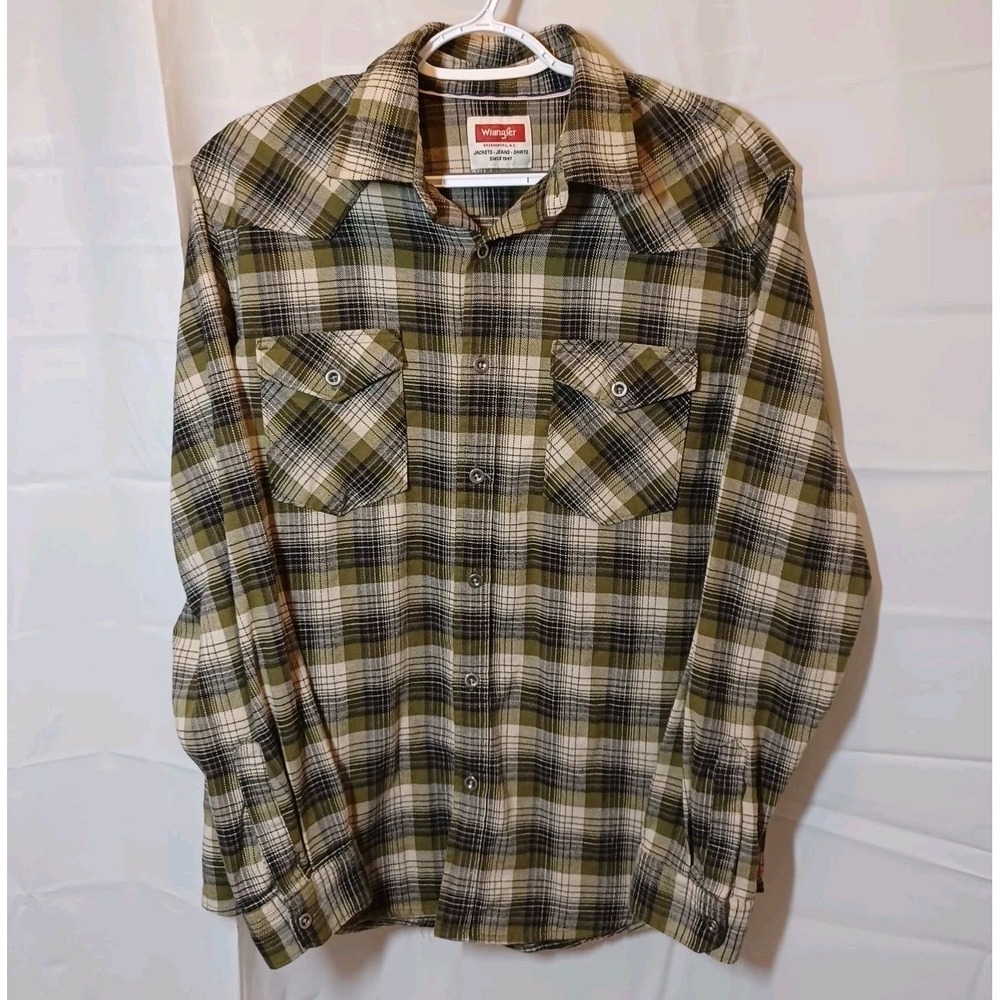 Wrangler Mens Western Plaid Flannel Shirt Medium Olive Green Long Sleeve Button